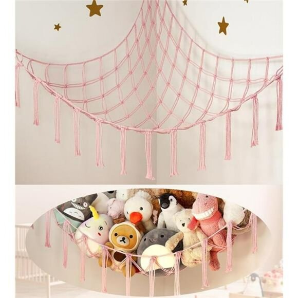 Pink Stuffed Animal Hammock Large Corner Net Toy Storage for Girls Room - Picture 7 of 7